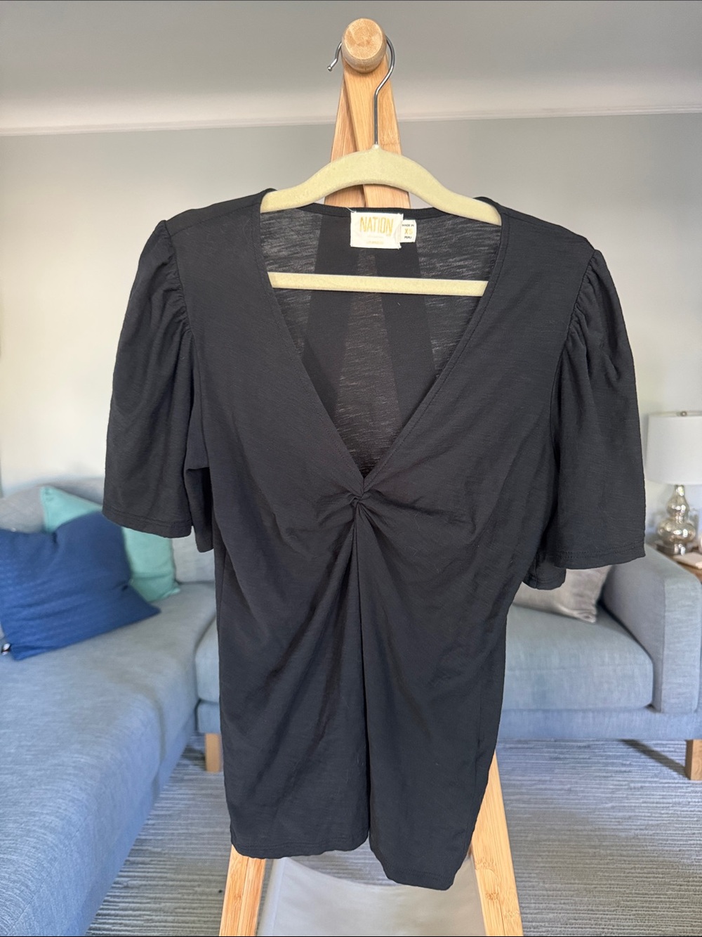 Nation LTD Black Twist-Detail V-Neck Short Sleeve Top
